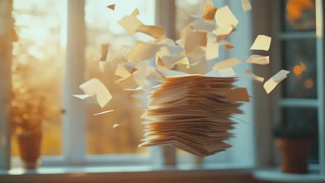 stack of papers floating in the air