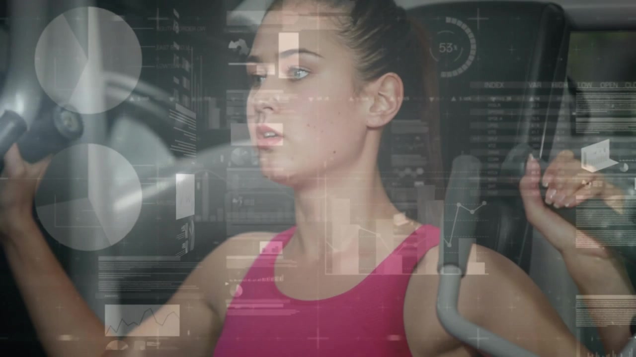 Woman gripping handles, doing chest presses in fitness gym while HUD charts tracking performance