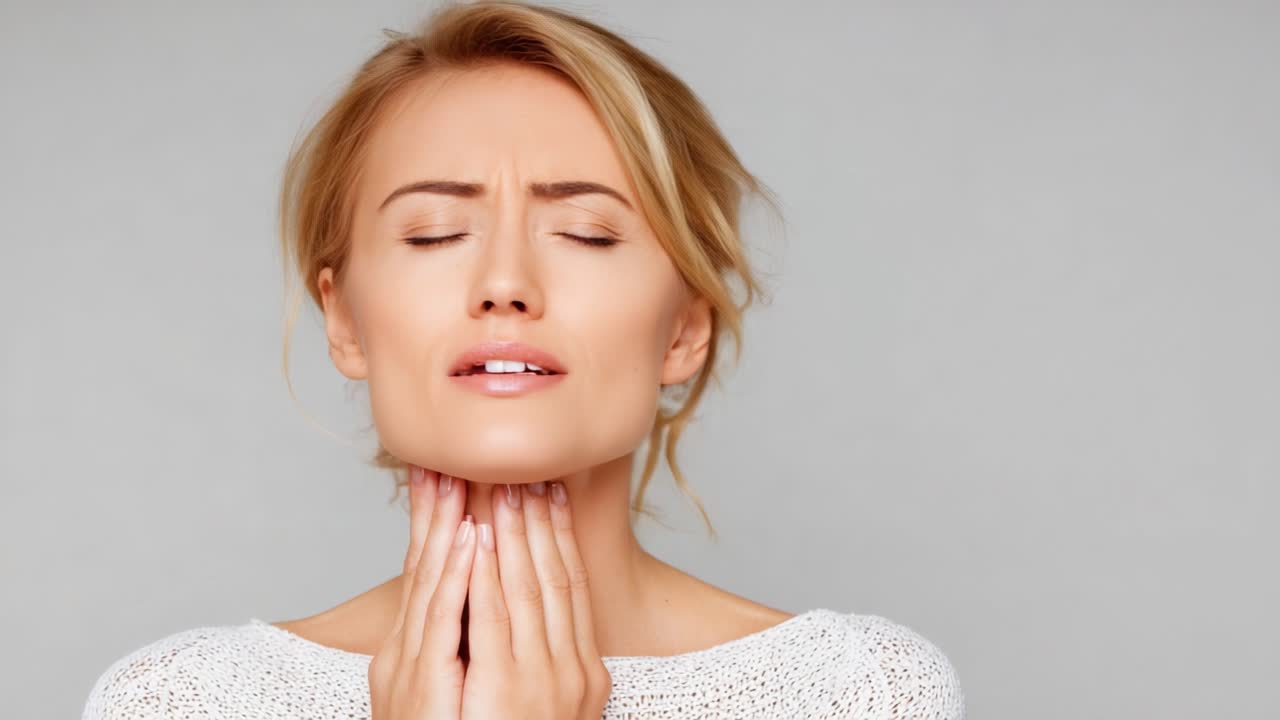 Una donna prova disagio mentre si tocca delicatamente la gola, mostrando espressioni di cura e preoccupazione per la sua salute mentre è seduta su uno sfondo neutro.