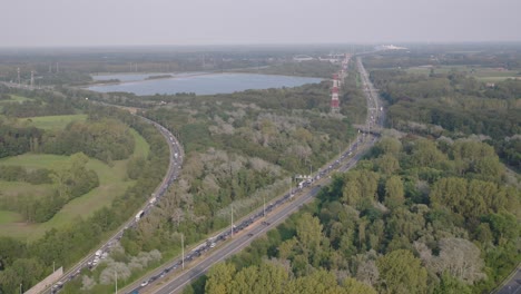 traffic jam formation in highway road due to construction, aerial panoramic view