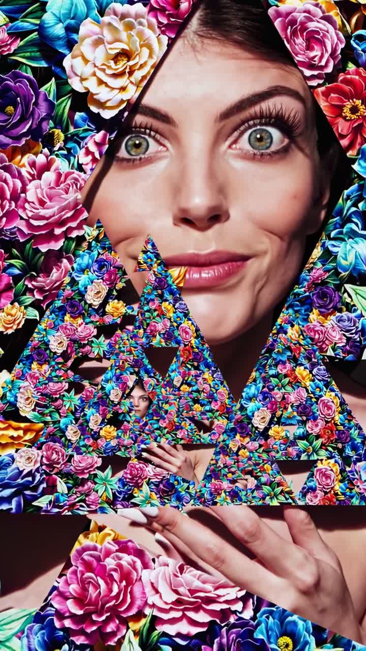 Beautiful woman emerging from a vibrant kaleidoscope pattern of flowers, creating a surreal and artistic composition that captivates with its colorful and imaginative design