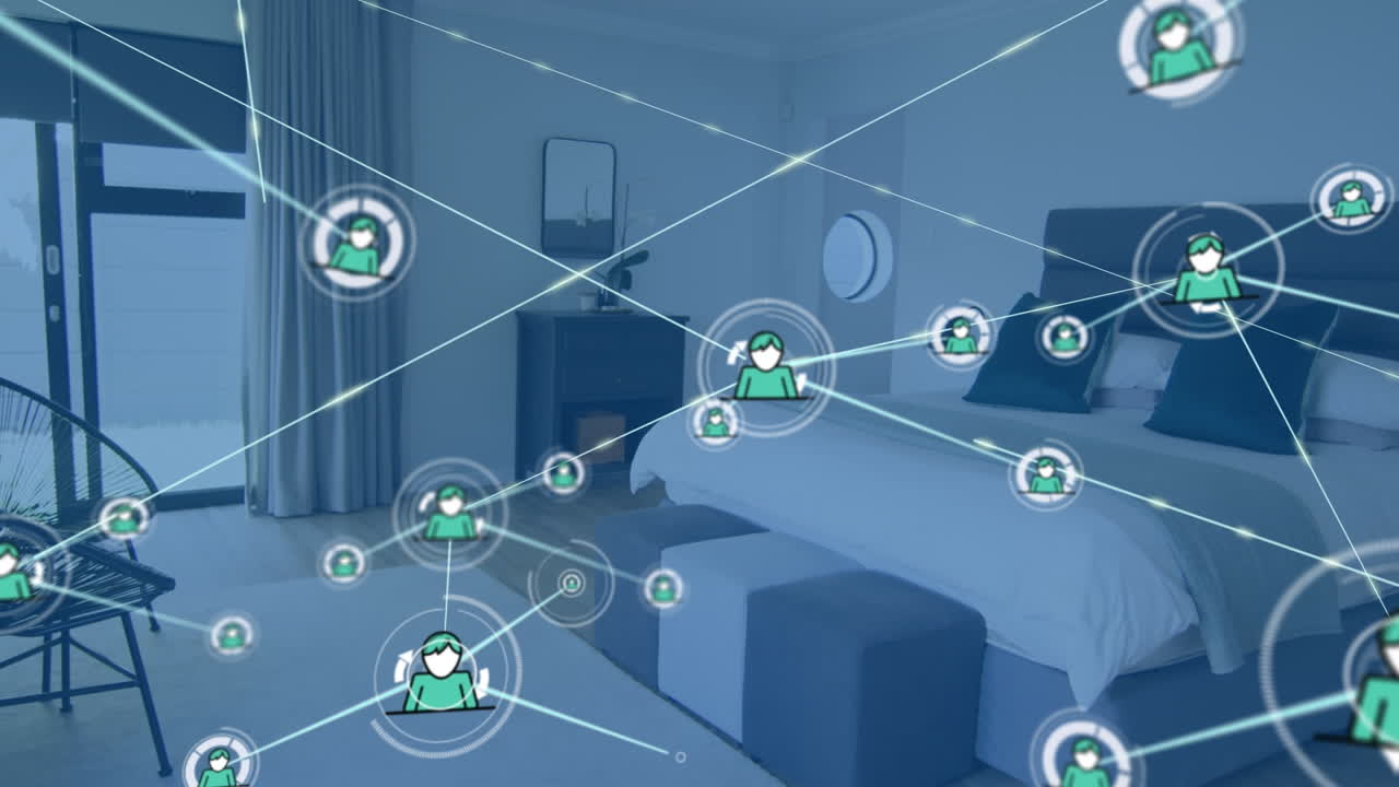 Animation of network of connections with icons over bedroom