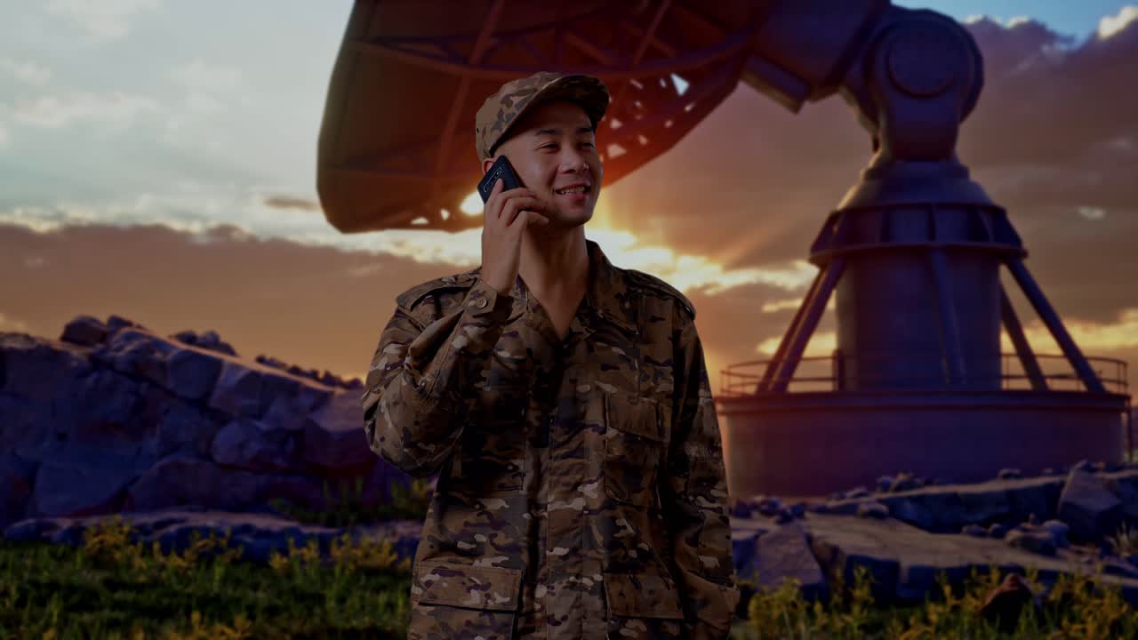 Asian Man Soldier Talking On Smartphone And Looking Around While Standing With Satellite Dish