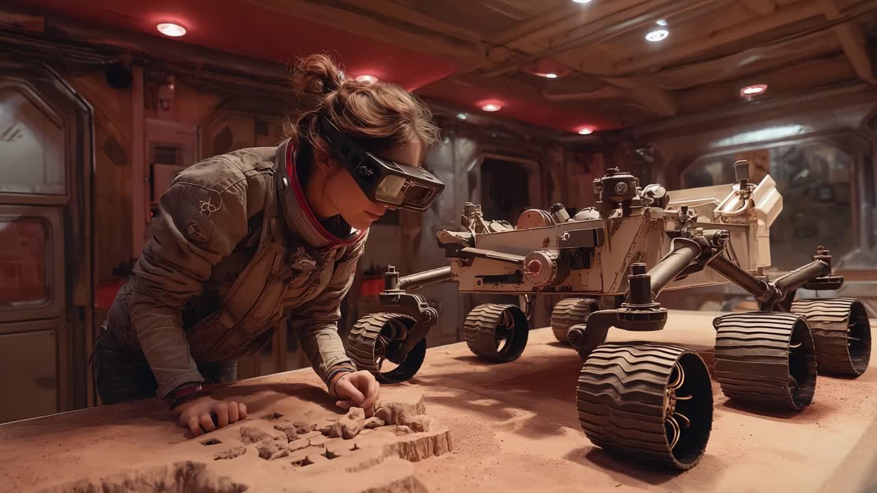 A Scientist Using Virtual Reality to Examine Martian Geological Features with a Rover in a Cutting-Edge Space Laboratory Environment, Capturing the Essence of Space Exploration and Innovation