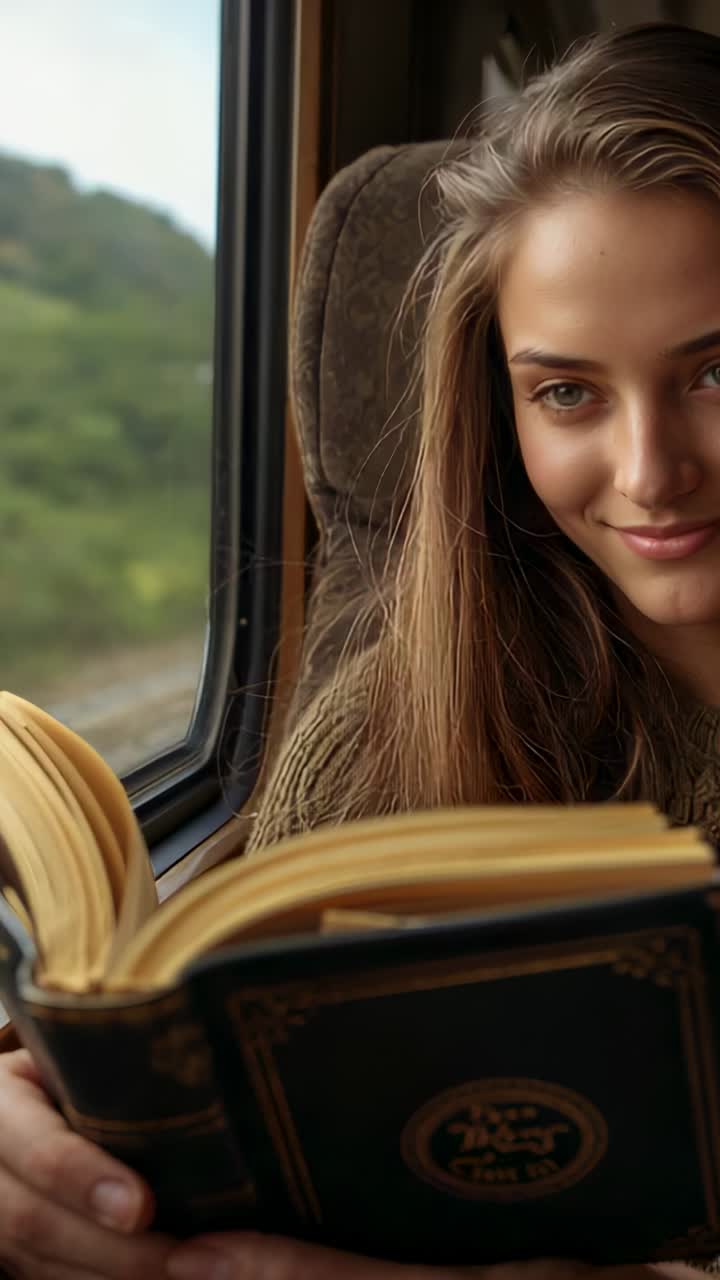 Vertical video: Reading woman settling as train moves holding book by window in sweater to relax