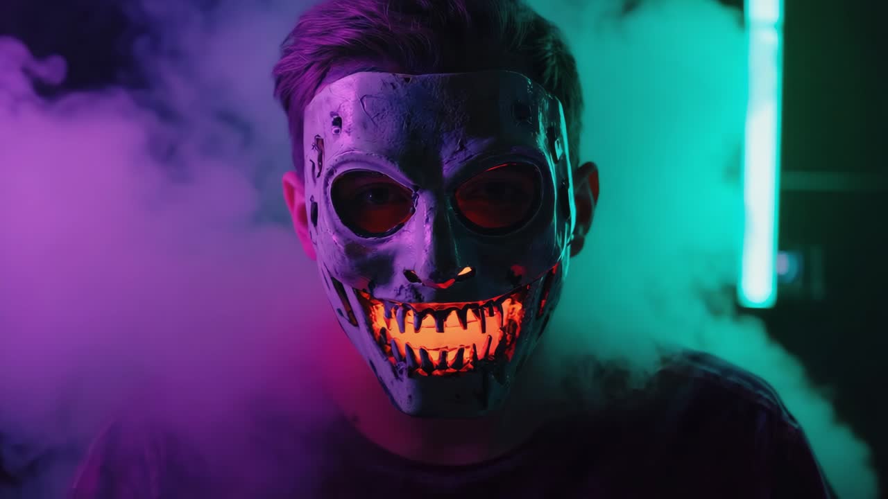 Creepy Glowing Mask in Neon Smoke
