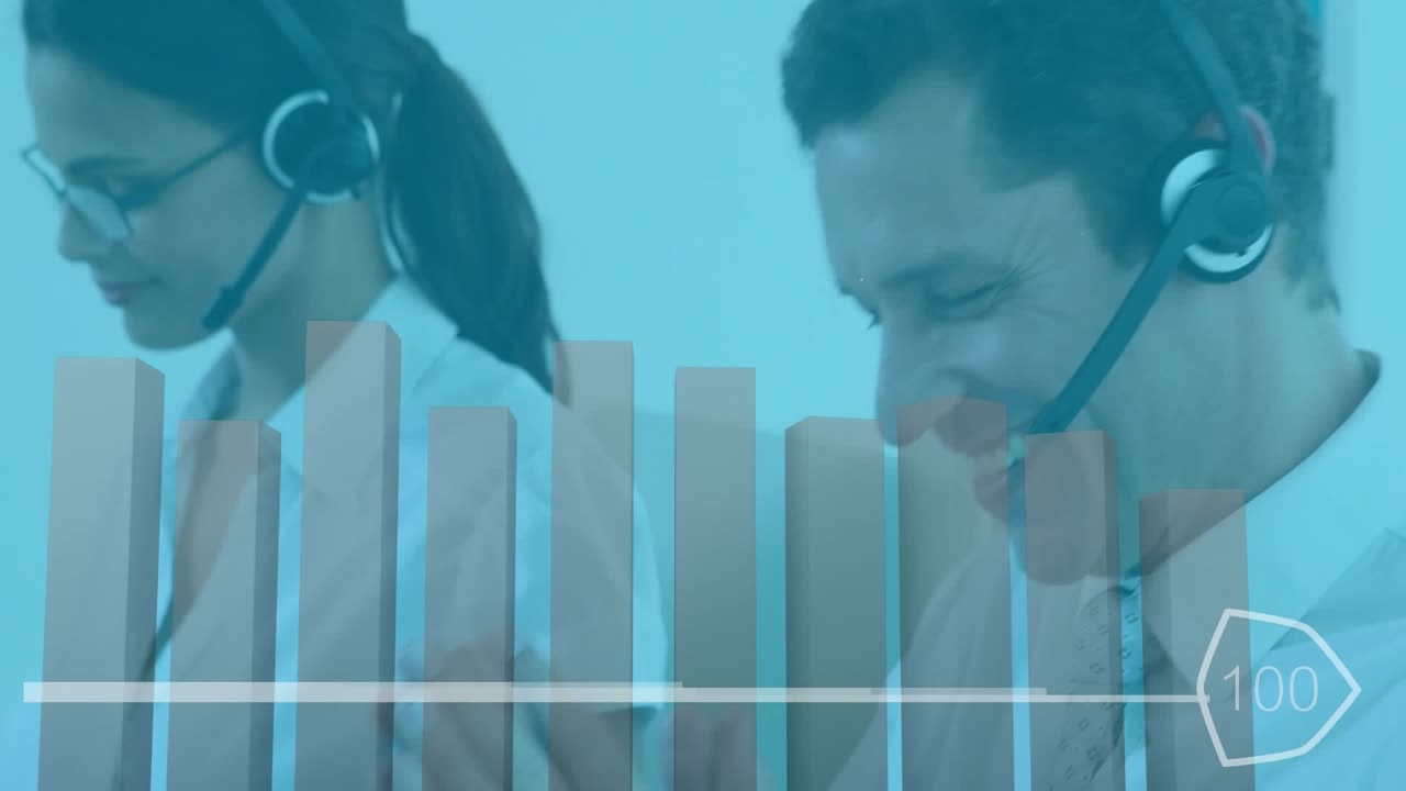 Animation of graph and abstract pattern on caucasian customer representatives taking over headphones