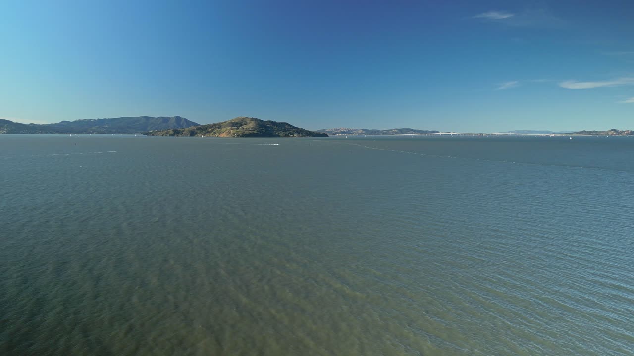 Parallax drone shot of Treasure Island in the day with North Pacific Ocean in California, USA