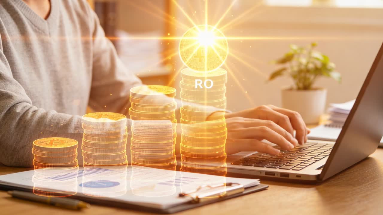 グレーのセーターを着た大人がラップトップでROコインを追跡しており、木製の机にはホログラフィックなコインが現れている。