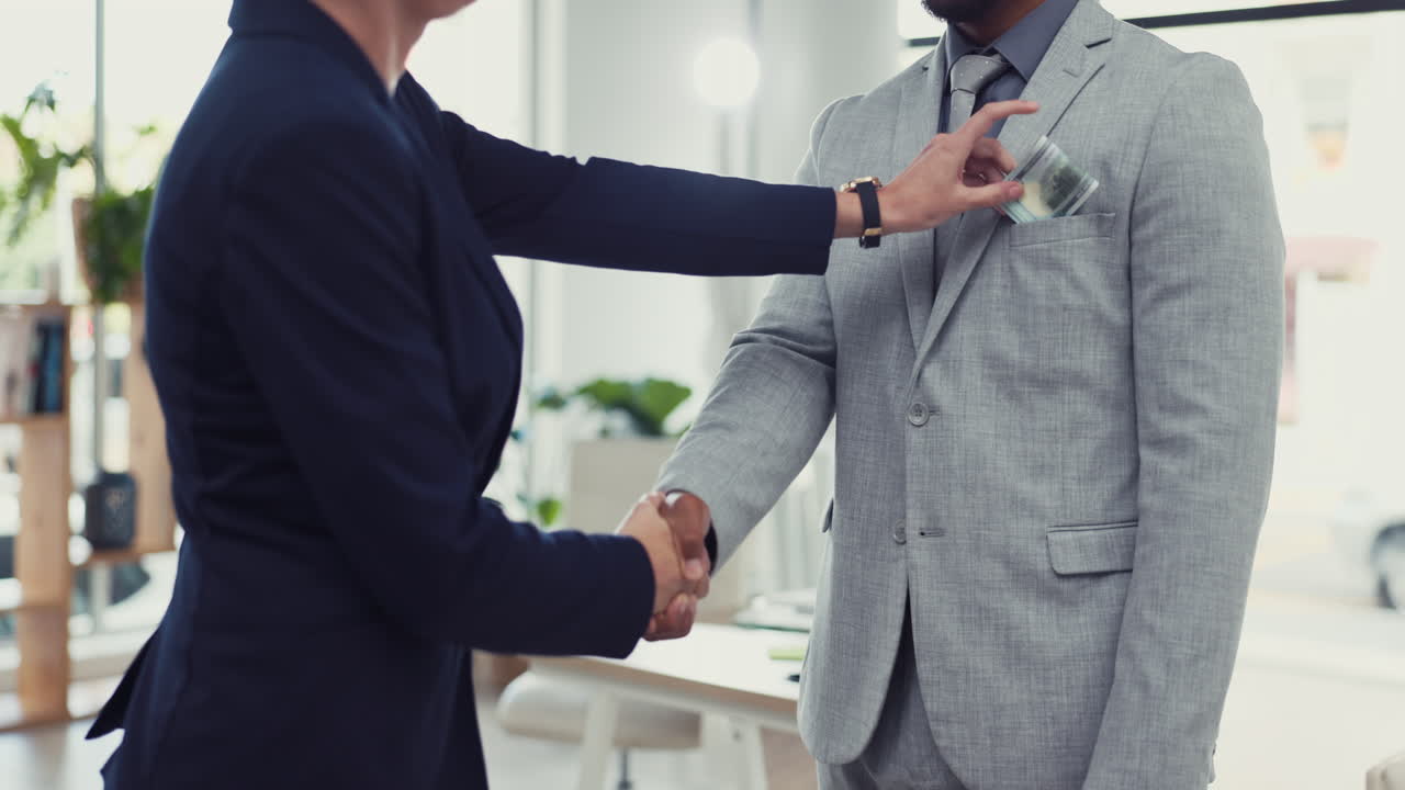 Handshake, payment and crime with business people