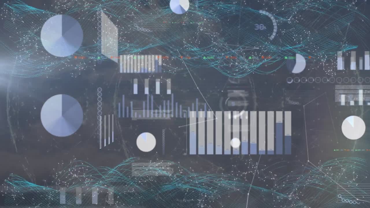 animación del procesamiento de datos estadísticos sobre ondas digitales contra un fondo gris