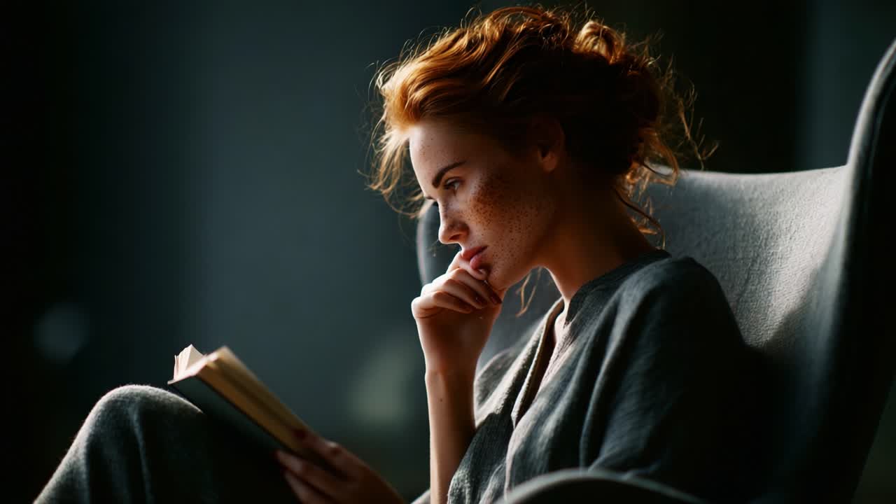 A Thoughtful Moment: A Woman Lost in a Book, Capturing the Essence of Contemplation and Serenity in a Warm and Cozy Atmosphere While Relaxing in a Chair