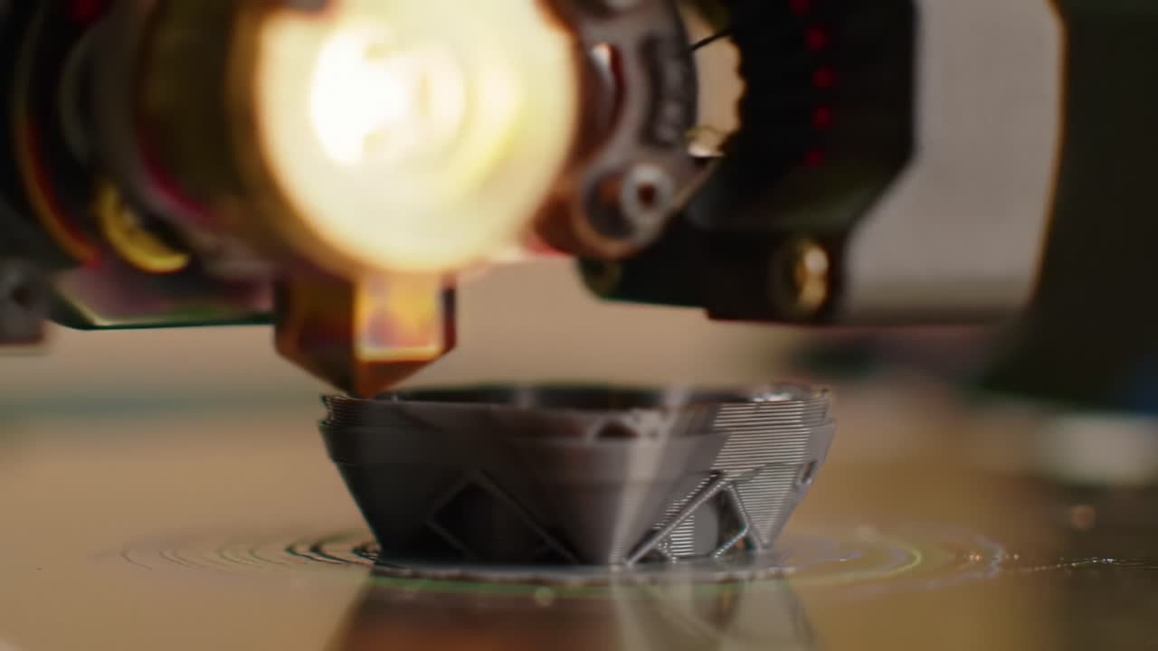 Captivating Close-Up of a 3D Printer In Action, Detailing the Intricate Layering Process in the Creation of a Complex, Geometric Prototype