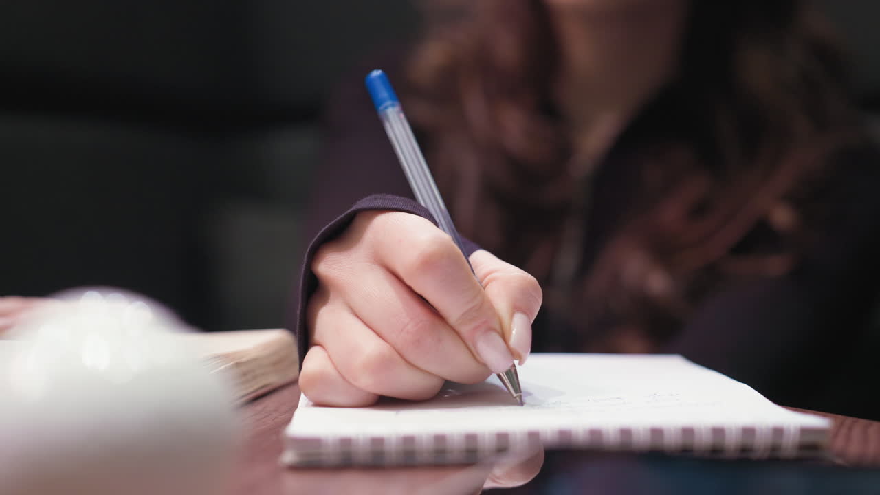 Close up of female hand with long acrylic nails holding pen and writing in notebook on wooden table. Foreground slightly blurred while woman focuses on notes in quiet indoor environment