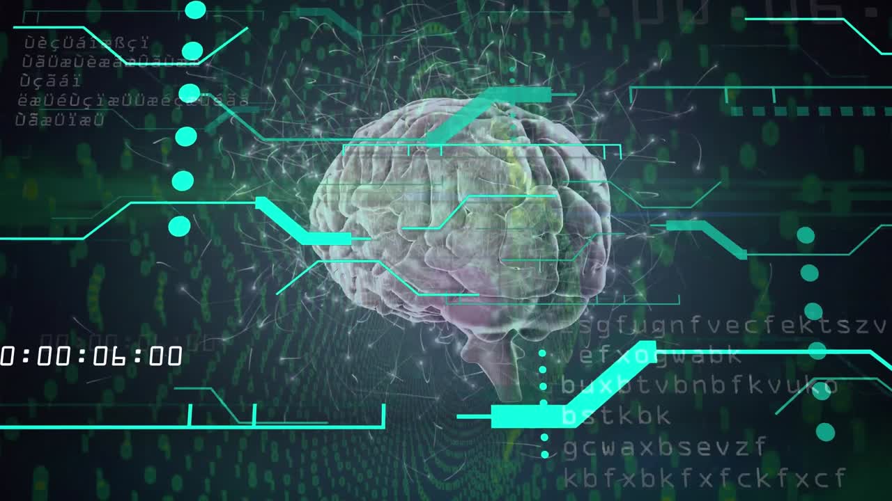 Animation of data processing against light trails over spinning human brain icon on blue background