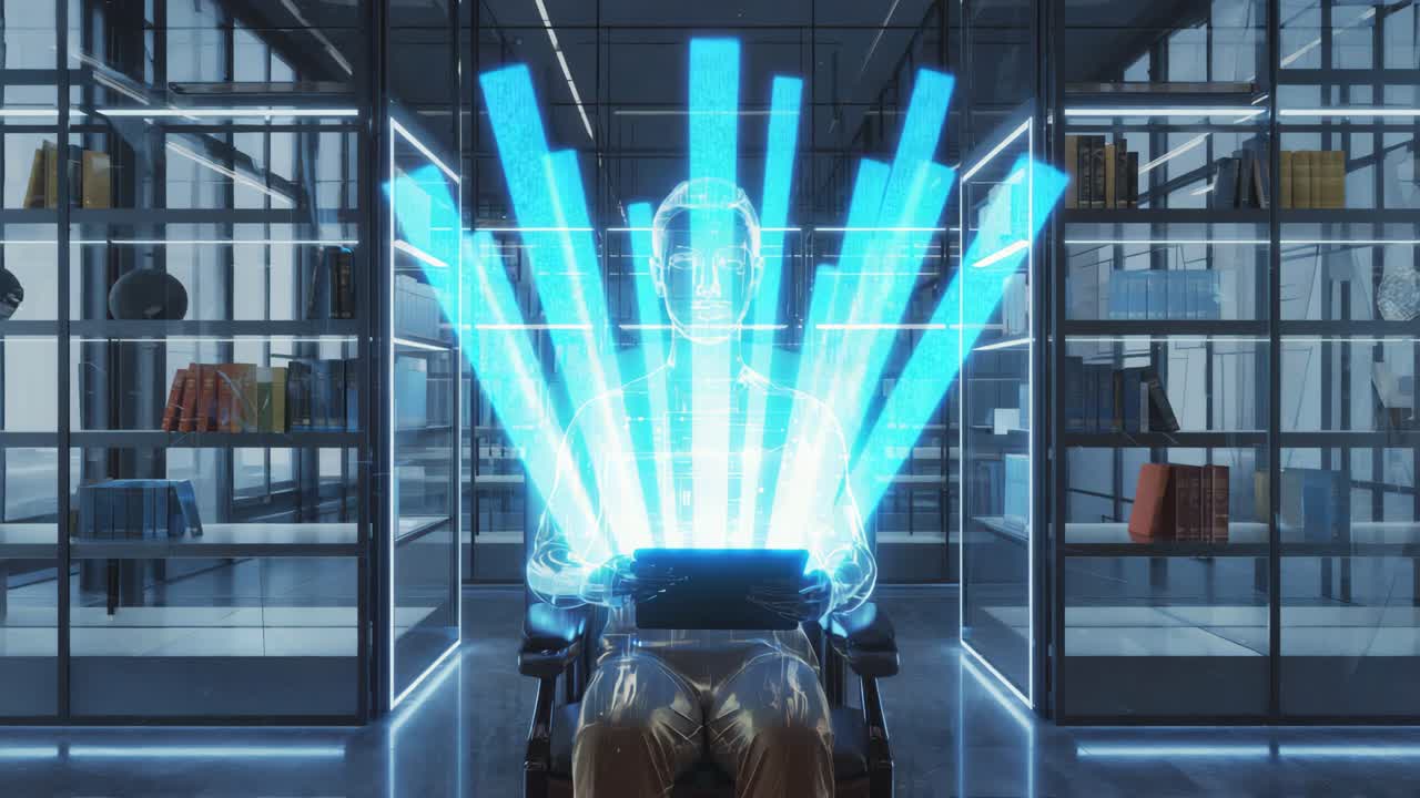 Hologram of a man using a tablet in a futuristic library