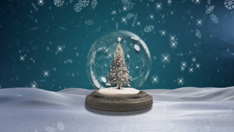 snowflakes falling over christmas tree in a snow globe against blue background