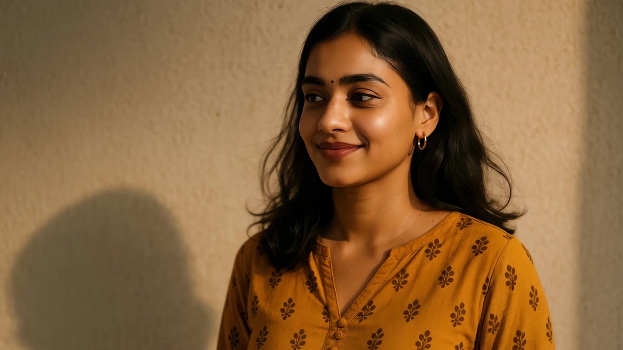 Young Indian Woman Smiling and Turning Head in Natural Light