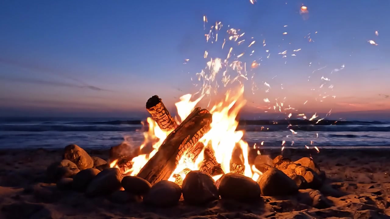 Falò affascinante sulla spiaggia al crepuscolo: fiamme ipnotizzanti danzano sopra la riva, creando un'atmosfera tranquilla per incontri serali e riflessione.