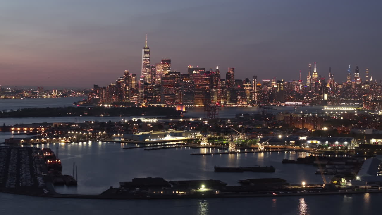 Aerial view of Lower Manhattan at night. Shot in Brooklyn during the springtime.