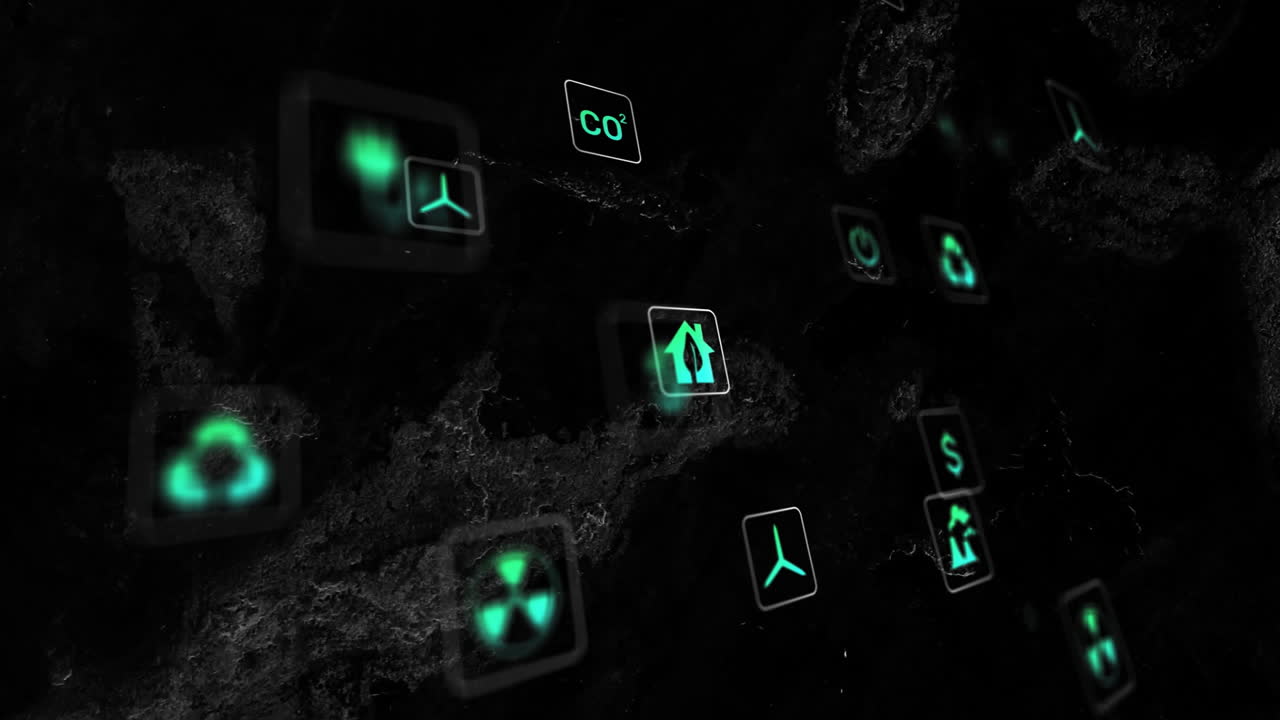 Floating glass panels featuring neon-green sustainability icons animating dark rocky backdrop