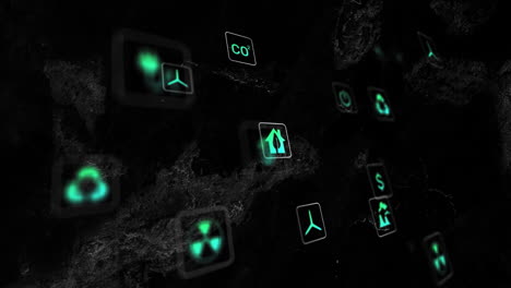floating glass panels featuring neon-green sustainability icons animating dark rocky backdrop