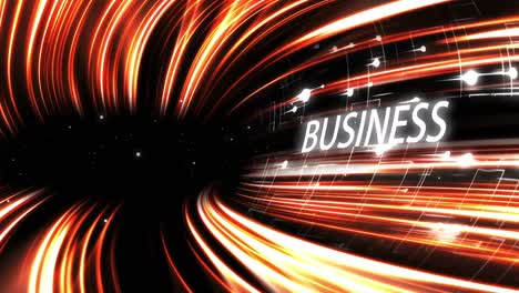 animation of hexagons over light trails and business text on black background