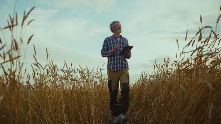 Farmer Inspecting Wheat Field with Tablet