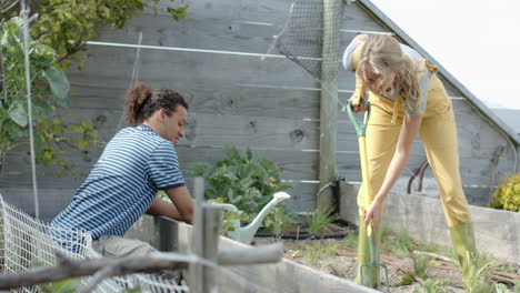 Portrait-of-happy-diverse-couple-working-in-garden-and-cooking-at-home,-slow-motion