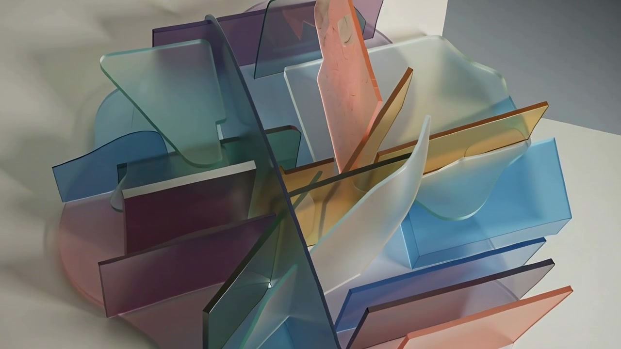 Telecamera rotante che mostra una scultura radiale su un tavolo da studio, esponendo pannelli, cupola e struttura 3D.