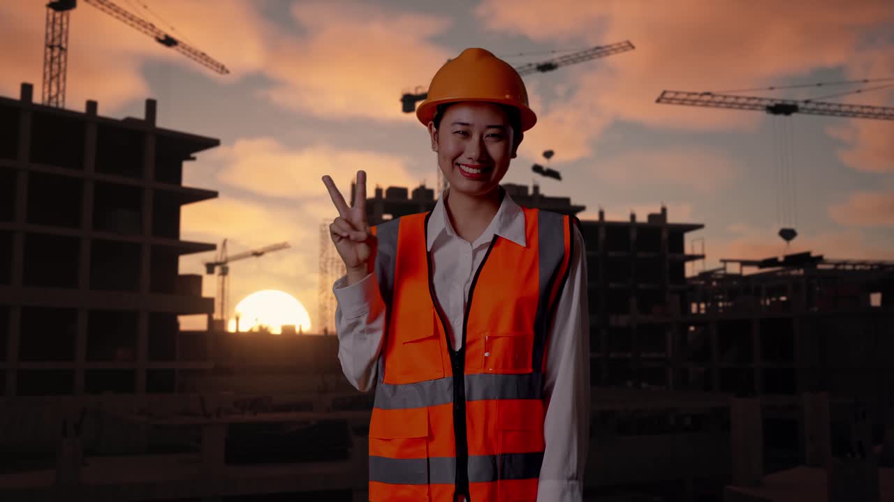 Asian Female Engineer With Safety Helmet Smiling And Showing Peace Gesture While Standing At Construction Site in Progress to New House