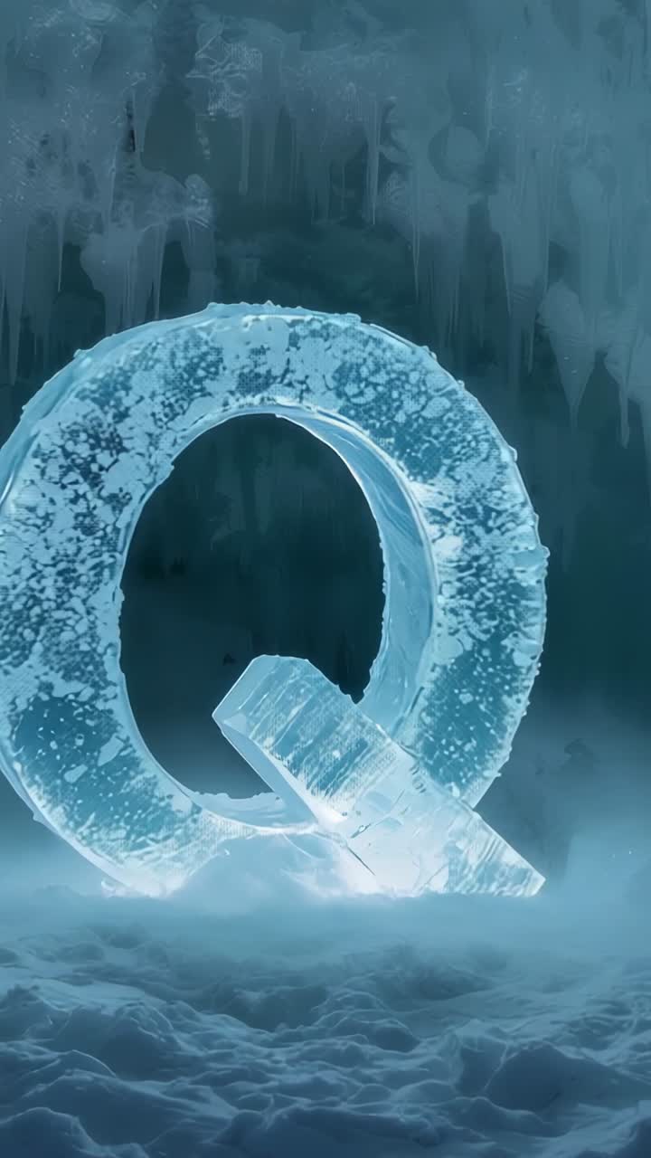 Vertical video: Emerging ice sculpture shaped letter Q pulsing blue glow, hanging icicles in cave