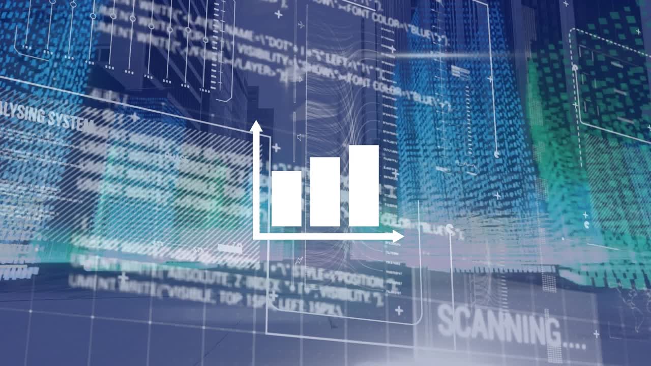 Animation of financial graphs and data processing on digital screen over night road traffic