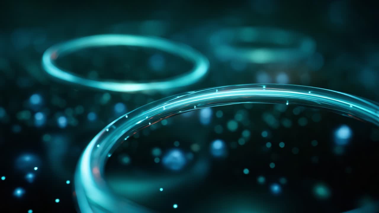 Abstract Digital Rings with a Futuristic Aesthetic Surrounded by Glowing Particles in a Dark Background, Representing Technology and Innovation