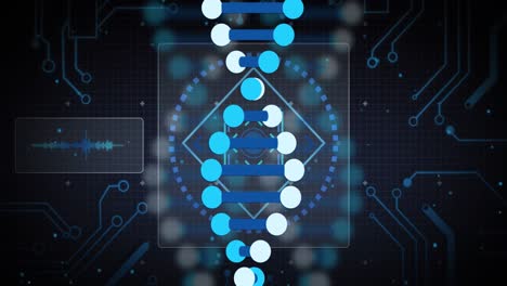 animation of dna strand and scientific data processing over blue background