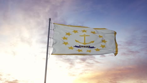 state flag of rhode island waving in the wind. dramatic sky background. 4k