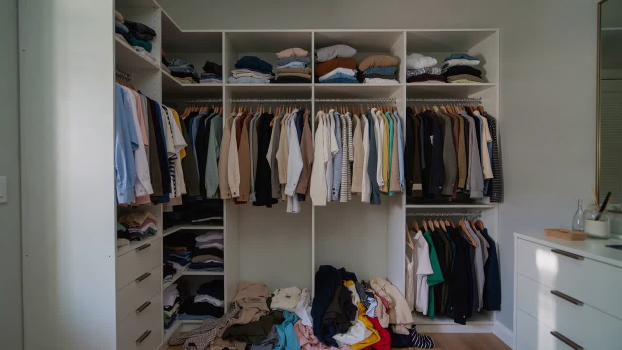 Garment appearing starting wardrobe organizing in closet, wooden hangers filling and pile shrinking