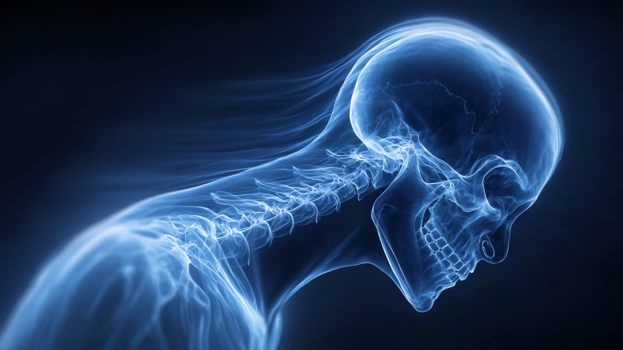 A Stunning Visualization of the Human Skeleton and Nervous System: A Side Profile View Featuring a Detailed Skeletal Structure with a Luminescent Aura