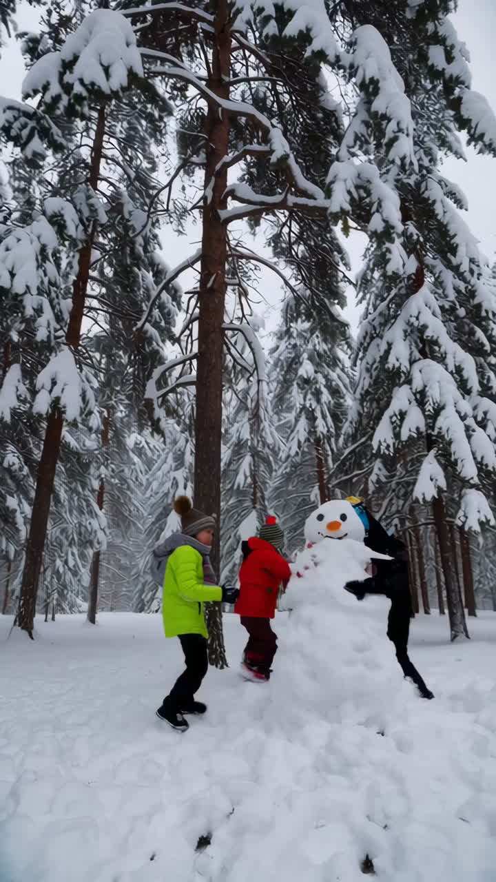 Winter Fun: Children Building and Playing with Snowmen in a Snowy Forest