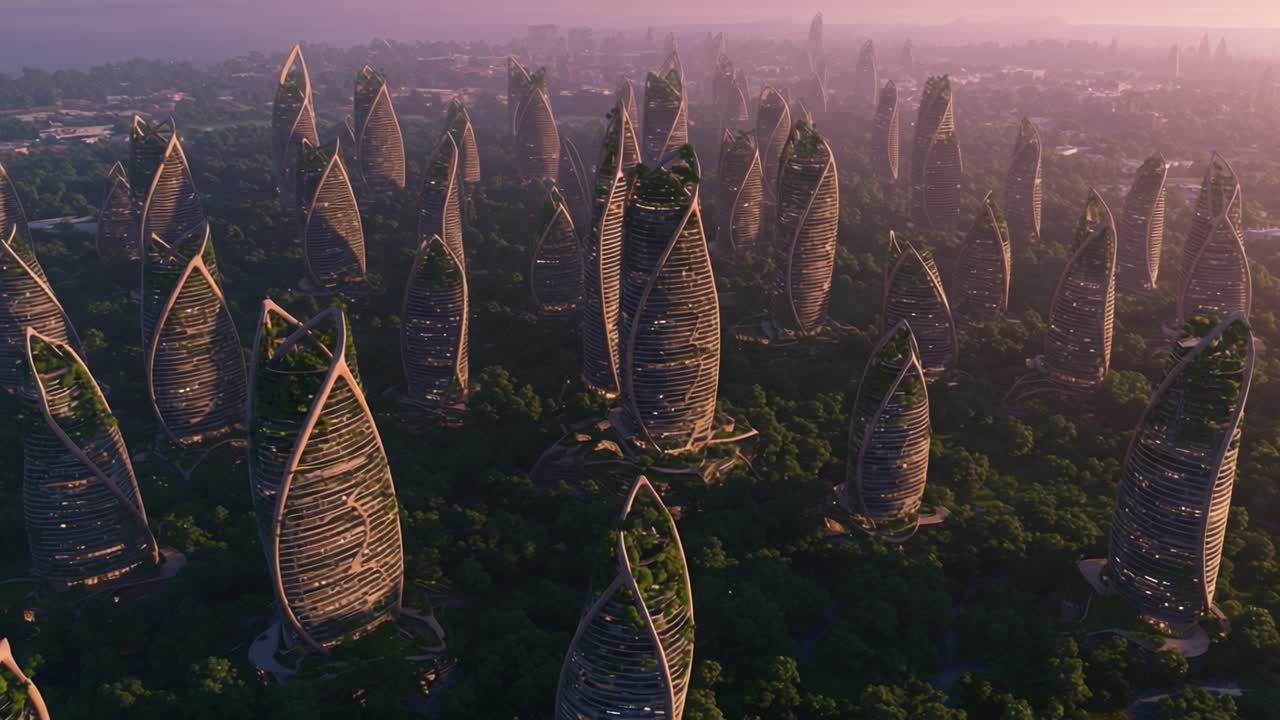 Futuristic Cityscape: Aerial View of Innovative Skyscrapers Surrounded by Lush Greenery, Blending Nature with Modern Architecture in a Stunning Urban Environment