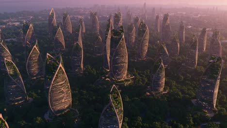 futuristic cityscape: aerial view of innovative skyscrapers surrounded by lush greenery, blending nature with modern architecture in a stunning urban environment