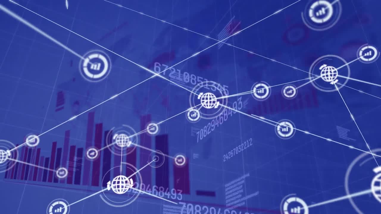 Animation of network of digital icons and changing numbers over world map and data processing