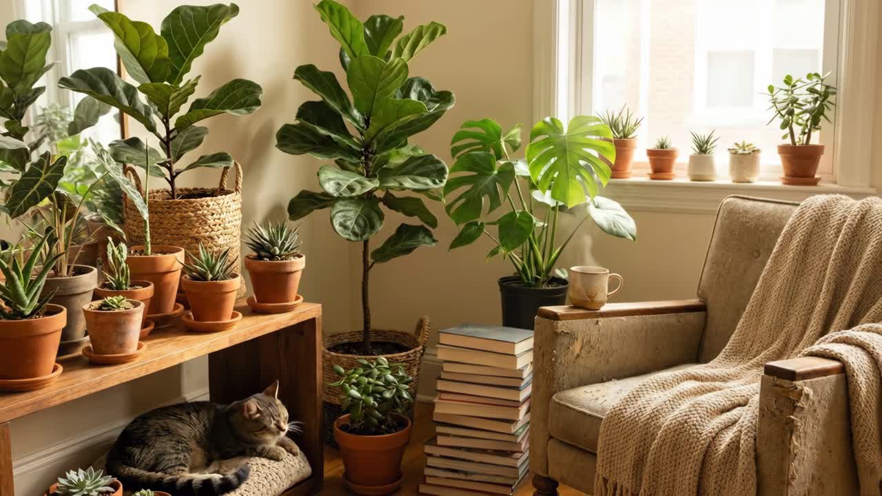 Escena de interior acogedora con un gato despertándose entre plantas de interior
