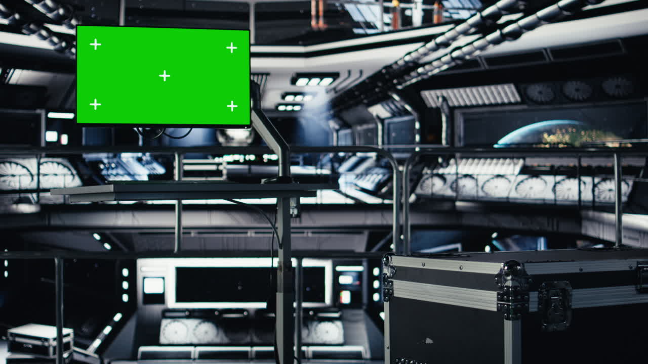 Close up of isolated screen monitor inside futuristic spacecraft bay