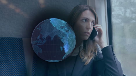 animation of blue global network over businesswoman on train talking on smartphone