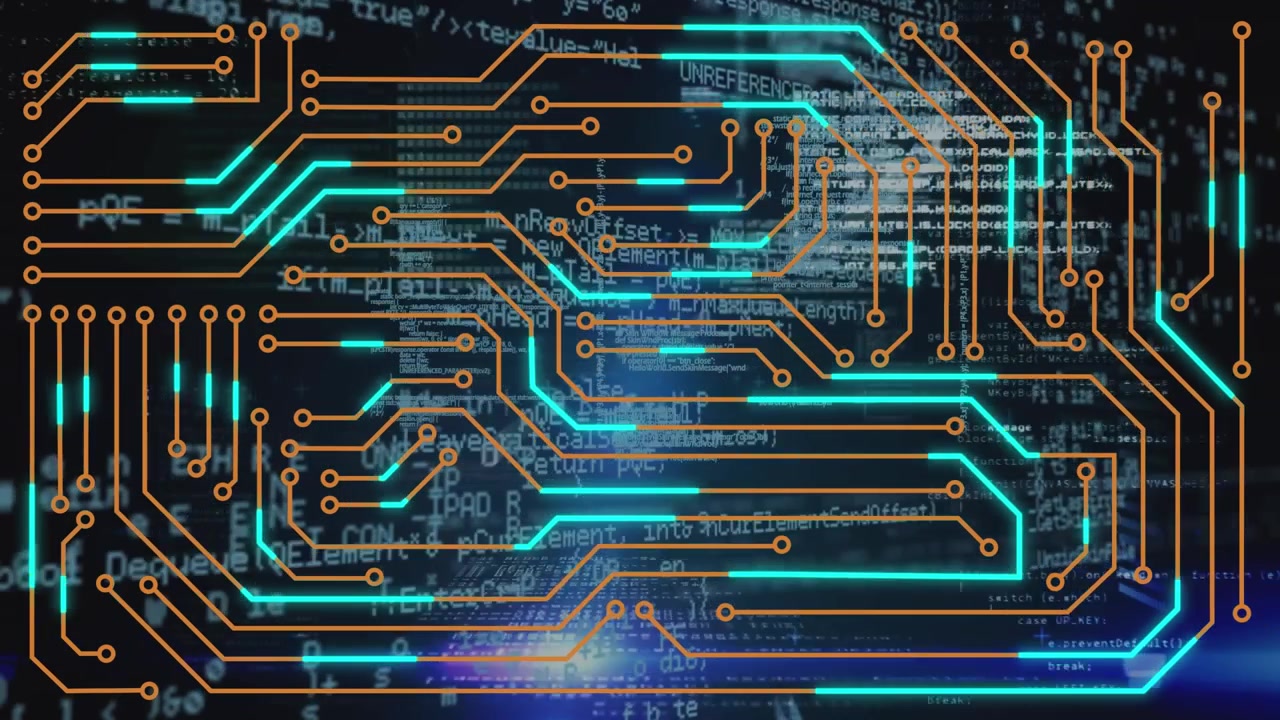 Animation of integrated circuit over data processing on black background