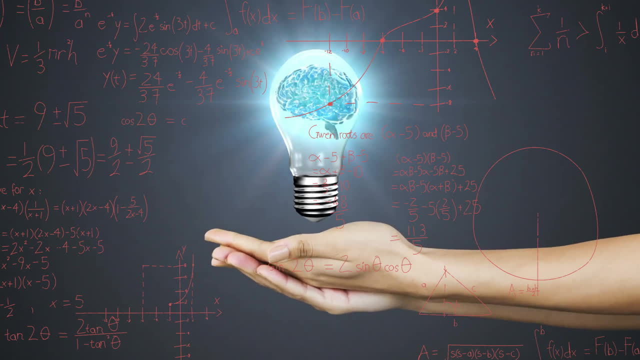 Holding glowing light bulb with brain and mathematical equations in animation