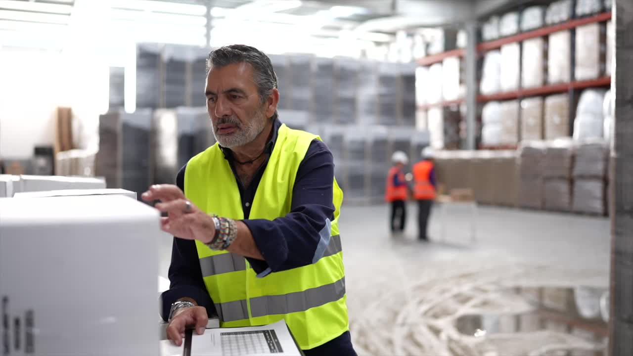 trabajador de almacén inspeccionando el inventario