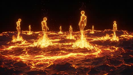 ethereal figures emerge from fiery lava flow, creating a surreal landscape of glowing bodies amidst eruptions and heat in an otherworldly setting