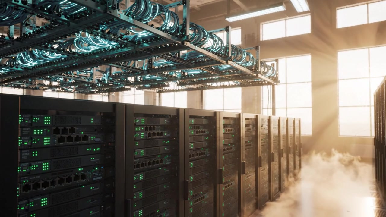 A Glimpse Inside a Modern Data Center: Rows of High-Tech Servers Bathed in Natural Light with Cables and Connectivity Equipment in Full Display